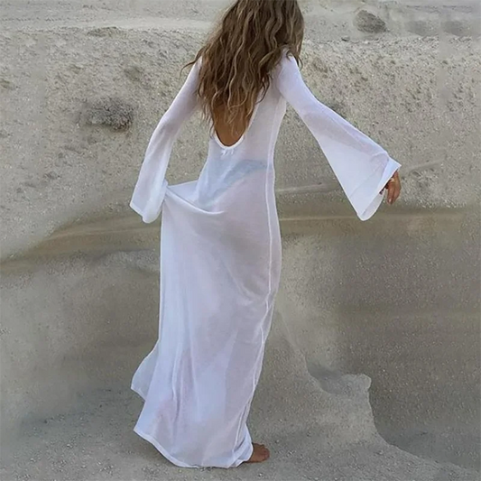 Backless Mesh See Through Long Sleeve Womens Beach Dress Sexy White Maxi