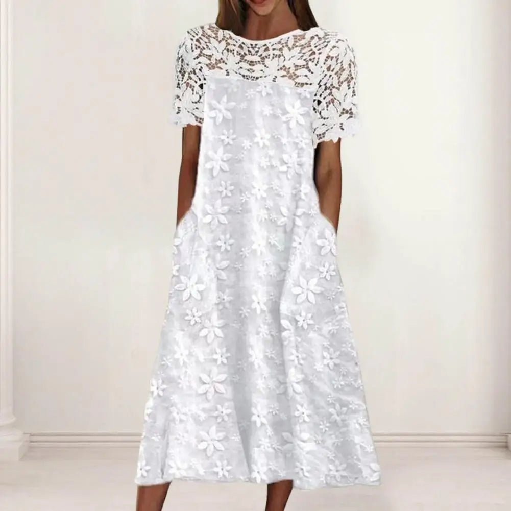 Women's Elegant Beach White Lace Stitching Embroidery Flower Summer Vintage Mini Dress Midi Dress