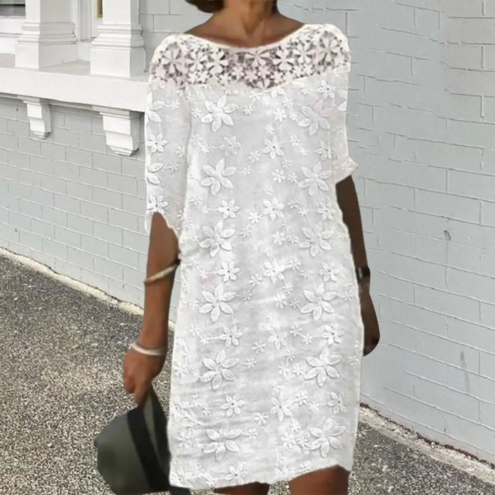 Women's Elegant Beach White Lace Stitching Embroidery Flower Summer Vintage Mini Dress Midi Dress