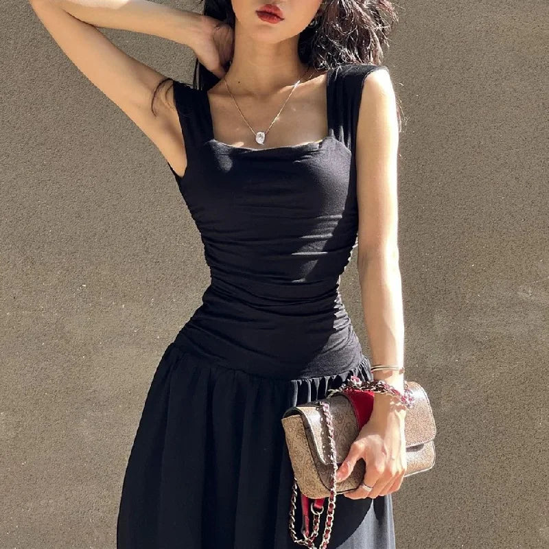 Wide Strap Vintage Panele Chiffon Gathered Maxi Dress: Formal Summer Party Clubwear