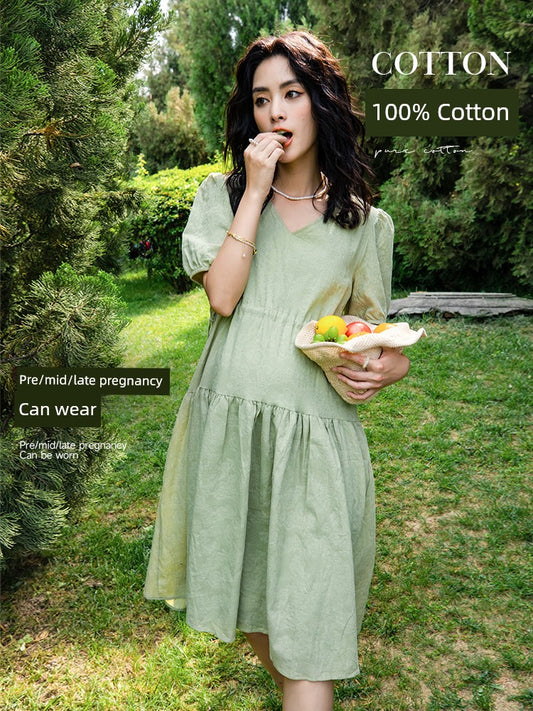 Pure Cotton French Spring/Summer Maternity Dress: Loose, Long, & Short Sleeve