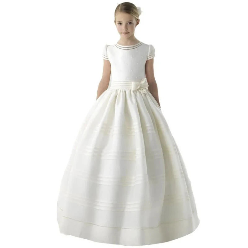 Vintage Ivory Satin Pearls Wedding Birthday Party Princess Dress Or Flower Girl