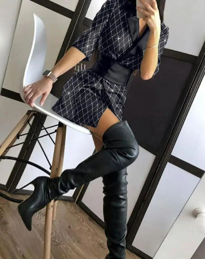 Smoking Hot Elegant Plaid Pattern Faux Leather Colorblock Glitter Blazer Dress