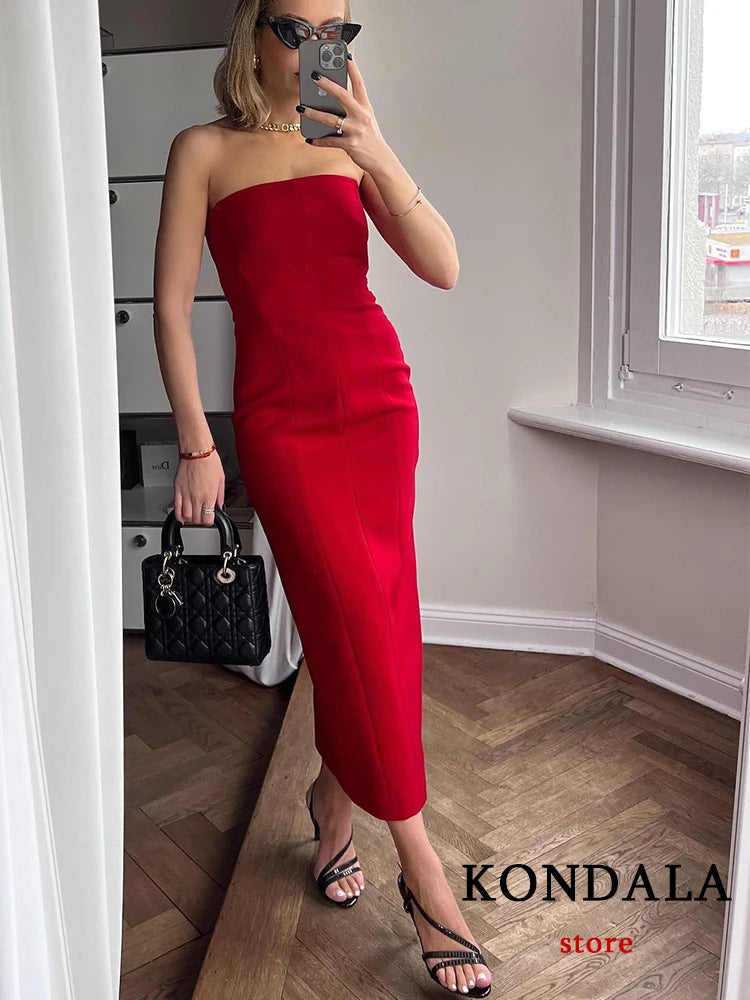 Sexy Chic Red  Strapless Long Party Dress: Elegant Pleated Back Split Corset Summer Dress Fashion 2024