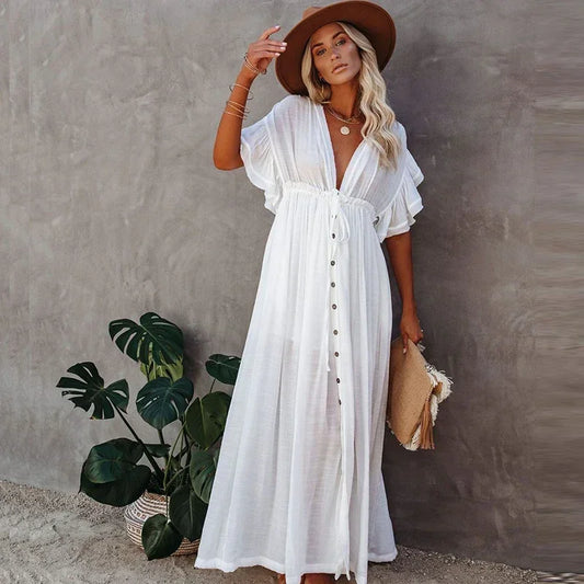 Bohemian Solid Ruffled Sexy Summer Beach Maternity Dress For Photography: V-neck Props Breastfeeding