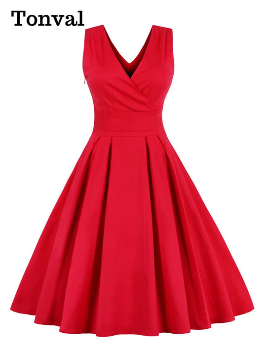 Elegant Vintage V-Neck Pleated & Belted Plain Solid Dress: Wrap Retro Summer Cotton Sizes S - 3X