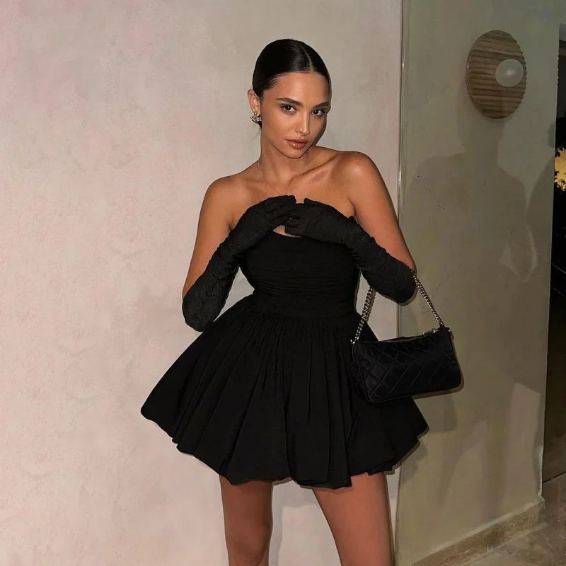 New Sexy Nightclub Party Dress Hepburn Style Pleated Black Dress w/ Gloves