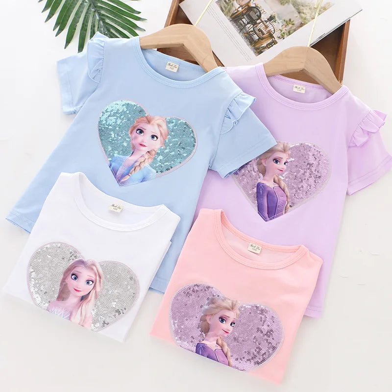 New Frozen Elsa Cotton Summer Girls Tee Shirts: Party Princess 3-8Y