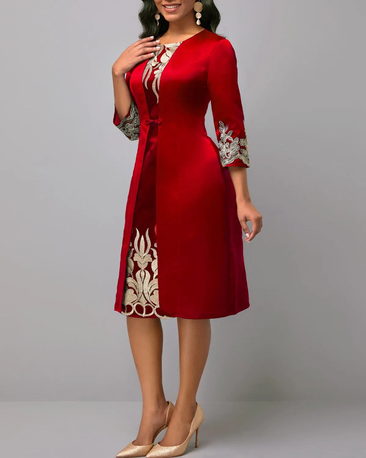 Elegant Bohemian Summer Spring Women 3/4 Sleeve Round Neck Bodycon Dress