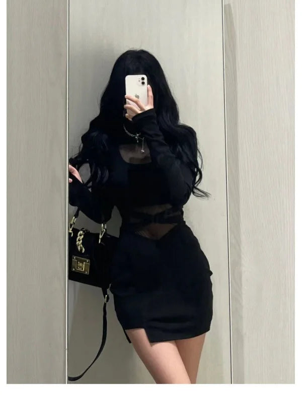 New Sexy Black Pile Up Sleeves Fishbone Dress Personalized Slim Women Dress: Thin Gauze Perspective Wrap Around Buttocks