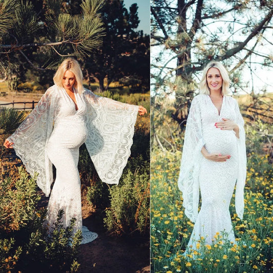 Angelic Lace Maternity Gown With V neck Wraped Flare Sleeves