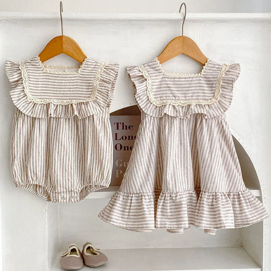 Girls Striped Lace Summer Romper Sister Matching Princess Dresses