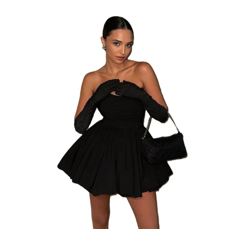 New Sexy Nightclub Party Dress Hepburn Style Pleated Black Dress w/ Gloves