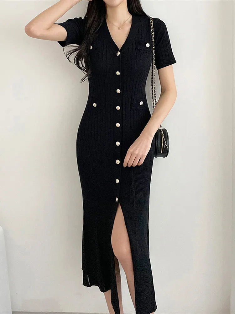 Conservative Business Summer Knitted Black Bodycon Midi Dress: Ladies Ruffle Dress In Elegant Casual Fashion