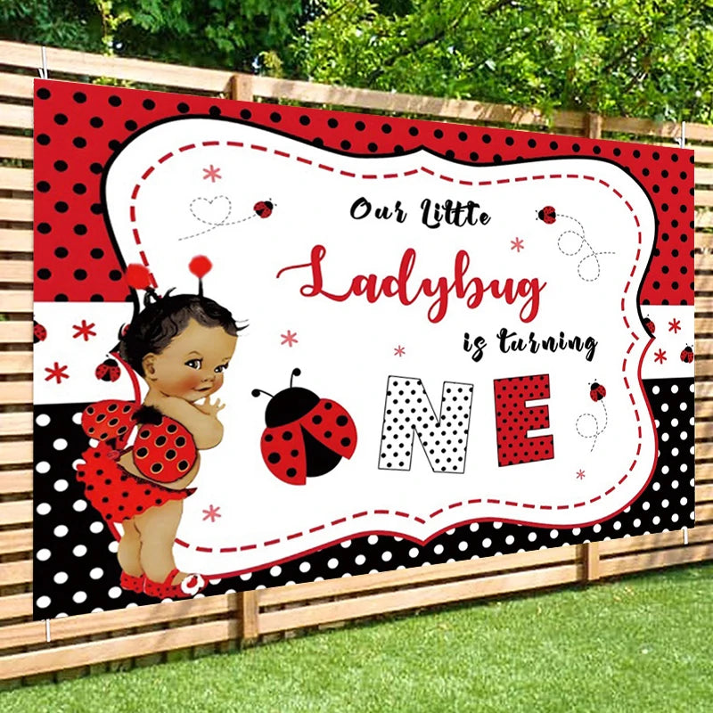 Ladybug is Turning One Backdrop Lady Bug Birthday Party Decorations for One Year Old Girl Little Princess Background Photo Props