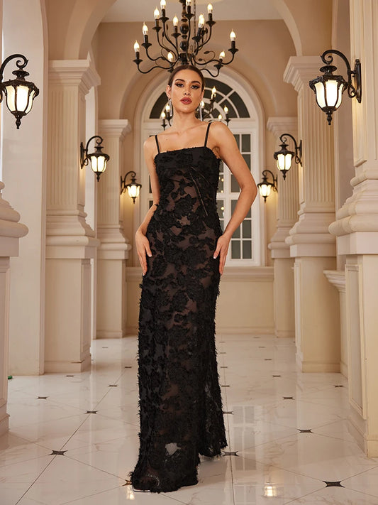 Gorgeous Black Spaghetti Strap Christmas Dress: Maxi Sexy See Through Elegant and Beautiful Appliques Formal Dress