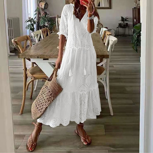 New Boho Casual Lace Floral Dress Short Sleeve Lace-Up V-Neck Beach Dress