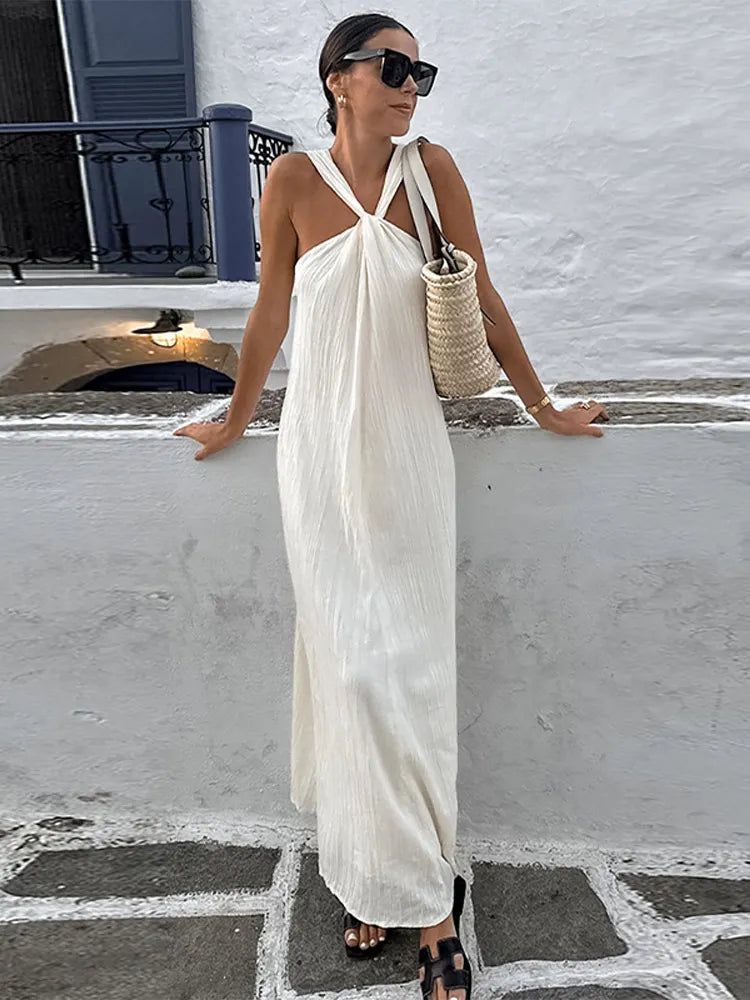 Sexy Off Shoulder Halter Pleated Maxi Dress: Fashion Sleeveless Loose Dresses Summer 2024