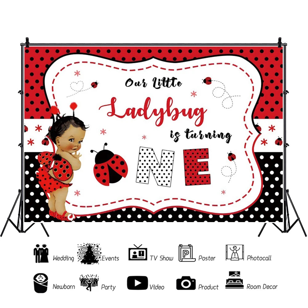 Ladybug is Turning One Backdrop Lady Bug Birthday Party Decorations for One Year Old Girl Little Princess Background Photo Props