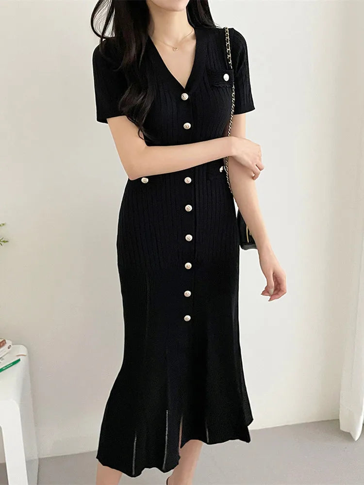 Conservative Business Summer Knitted Black Bodycon Midi Dress: Ladies Ruffle Dress In Elegant Casual Fashion