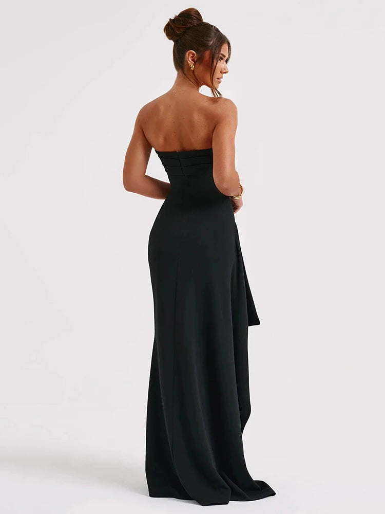 Black Strapless Backless High Split Maxi Dress: Bodycon Club Party Long Dress