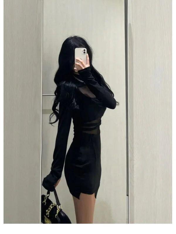 New Sexy Black Pile Up Sleeves Fishbone Dress Personalized Slim Women Dress: Thin Gauze Perspective Wrap Around Buttocks