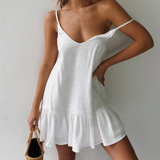 Sexy Spaghetti Strap Off Shoulder White Shift Sundress Dress Ruffle