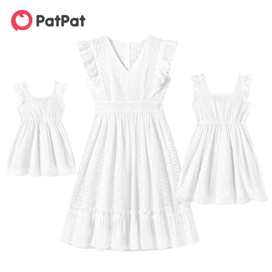 White Hollow-Out Floral Embroidered Ruffle: 100% Cotton Matching Outfits