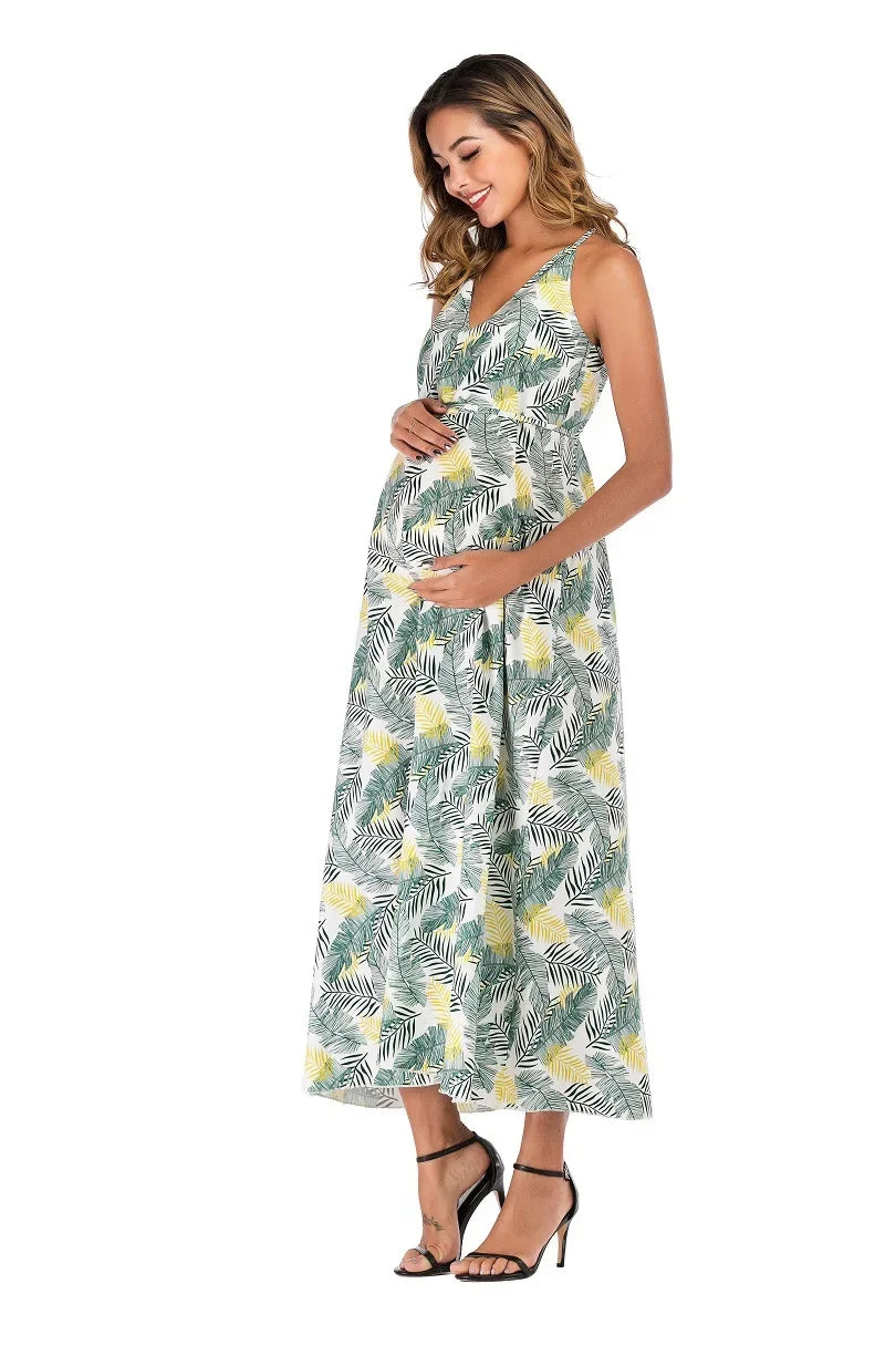 Summer Floral V Neck Maternity Maxi Dress