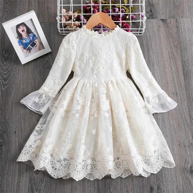 White Lace Embroidery Girls Princess Long Sleeve