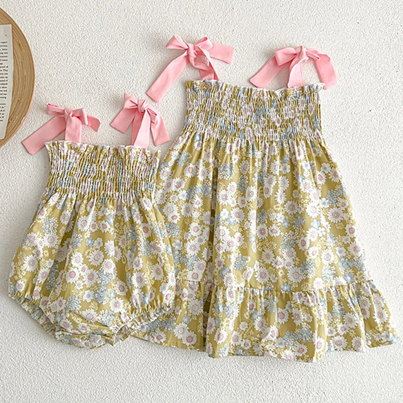 Sister Girls Strap Romper Summer Cotton Floral Dress