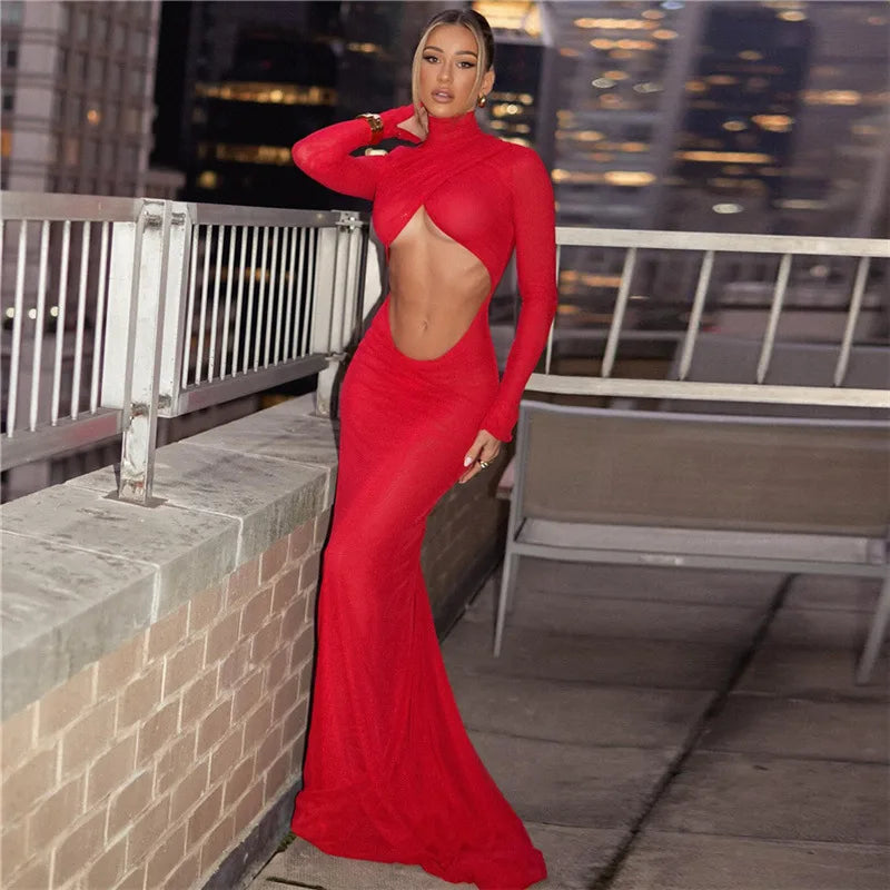 Cryptographic Elegant Red Cut Out Maxi Dress Long Sleeve Sexy Backless Gown