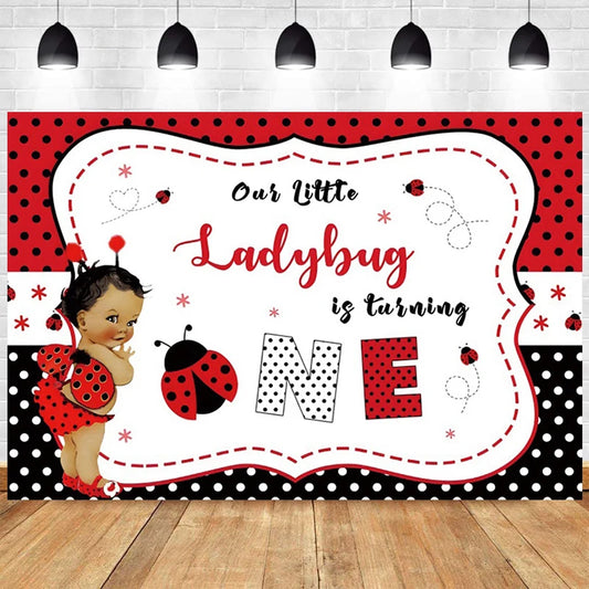 Ladybug is Turning One Backdrop Lady Bug Birthday Party Decorations for One Year Old Girl Little Princess Background Photo Props