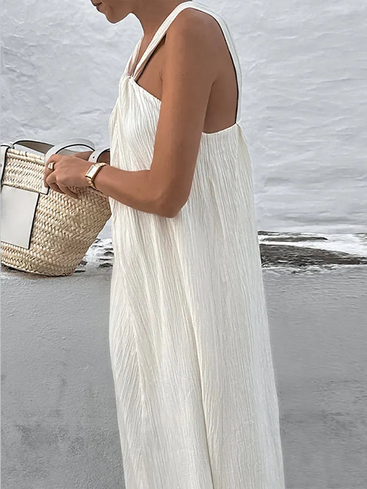 Sexy Off Shoulder Halter Pleated Maxi Dress: Fashion Sleeveless Loose Dresses Summer 2024