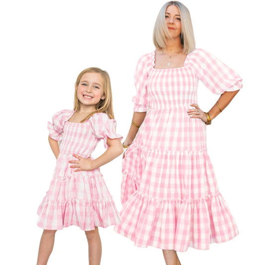 Barbi Style Mother & Daughter Matching Pink Grid Dresses