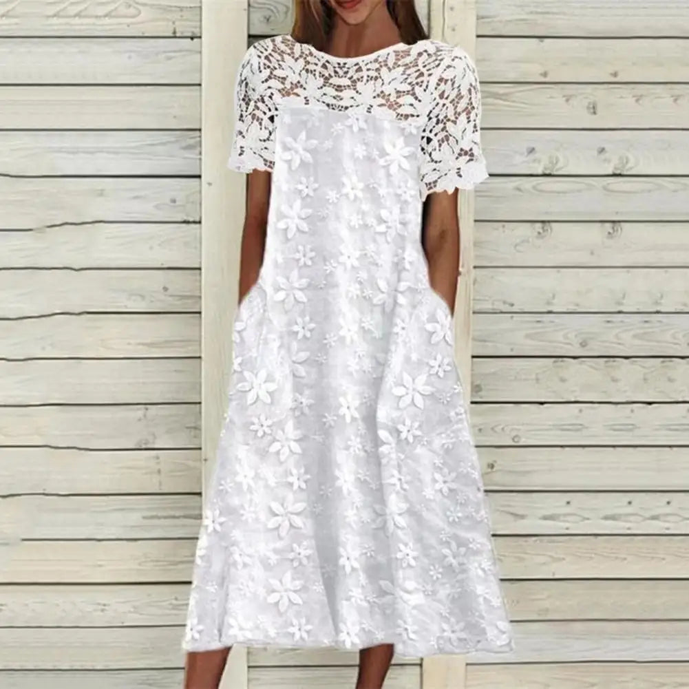 Women's Elegant Beach White Lace Stitching Embroidery Flower Summer Vintage Mini Dress Midi Dress